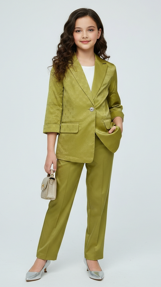 Girls Olive Green Textured Fancy Blazer
