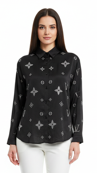 Womens Black Satin Long Sleeve Shirt With White Embellished Pattern
