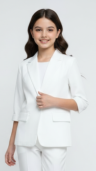 Girls Classic Textured Fancy White Blazer