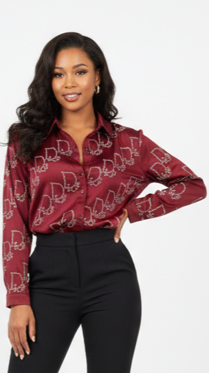 Womens Elegant Burgundy Satin Shirt