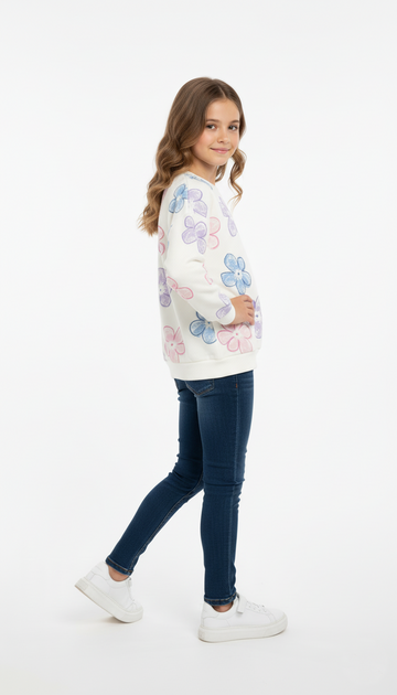 LCW GIRLS WHITE FLORAL PRINTED SWEATSHIRT