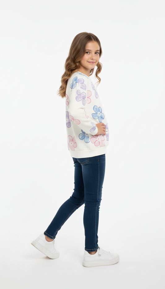 LCW GIRLS WHITE FLORAL PRINTED SWEATSHIRT