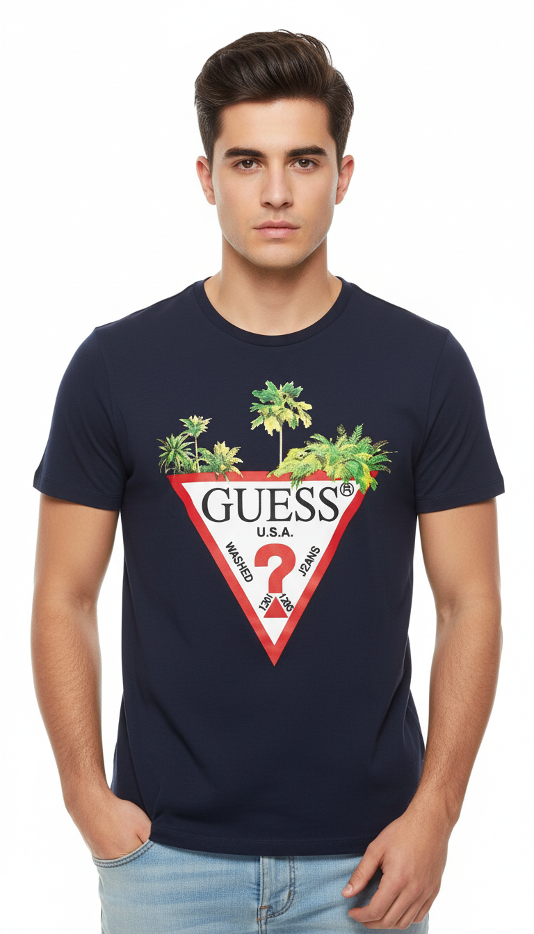 GUESS PALM TREE TRIANGLE LOGO T SHIRT
