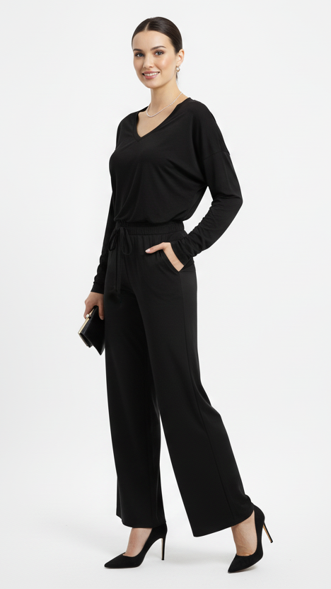 OYSHO WOMEN BASIC V NECK BLACK T SHIRT AND WIDE LEG TROUSER SET