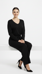 اویشو خواتین کی بنیادی وی گردن بلیک ٹی شرٹ اور چوڑی ٹانگ ٹراؤزر سیٹ