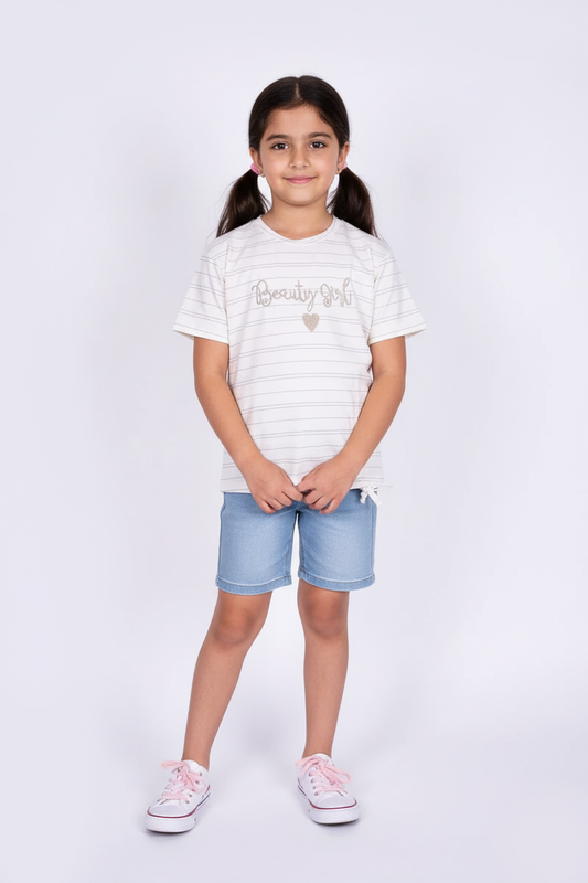 DU PAREIL GIRLS STRIPED EMBRIODED TEE