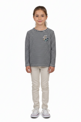 Girls Striped Long Sleeve T-Shirt with Floral Embroidery