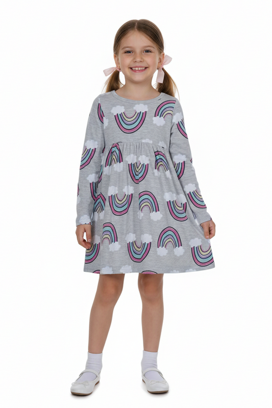 Kids Girls Grey Long Sleeve Rainbow Print Dress