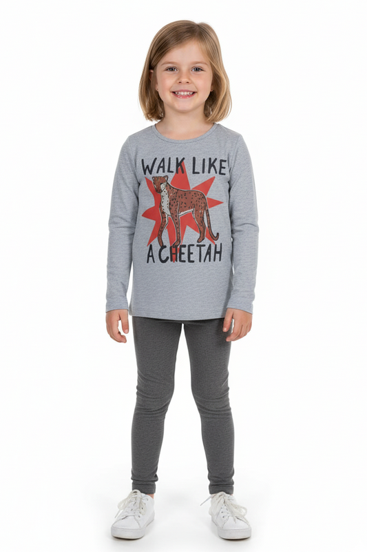Girls Grey Walk Like a Cheetah Long Sleeve Graphic Tee