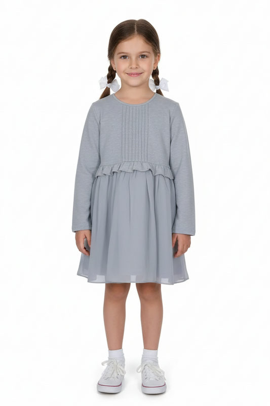 Bowtad Girls Grey Long Sleeve Layered Dress