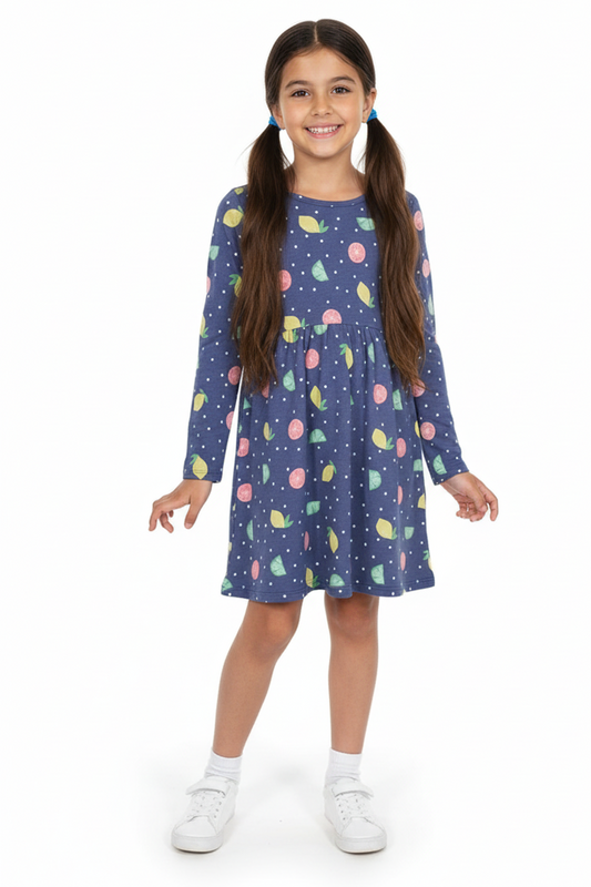 H&M GIRLS LIME PRINTED FULL SLEEVED DRESS