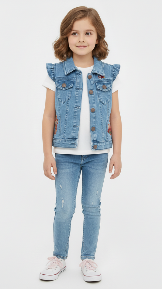 MAX GIRLS SLEEVELESS EMBROIDED DENIM JACKET