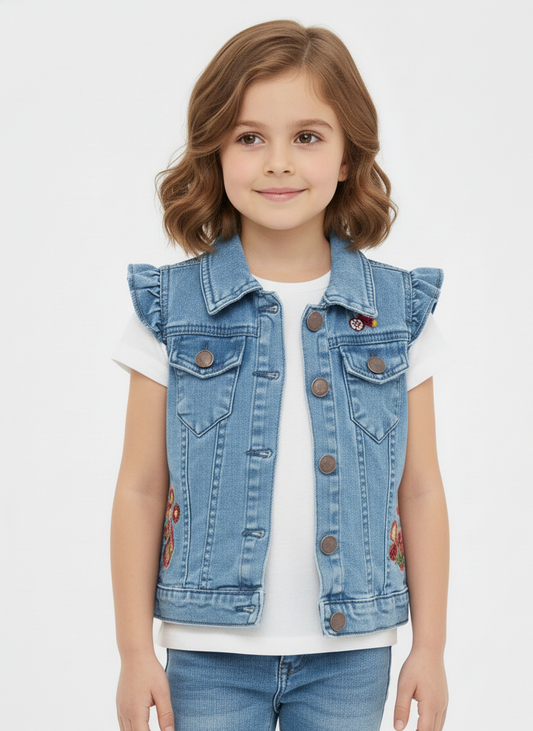 MAX GIRLS SLEEVELESS EMBROIDED DENIM JACKET