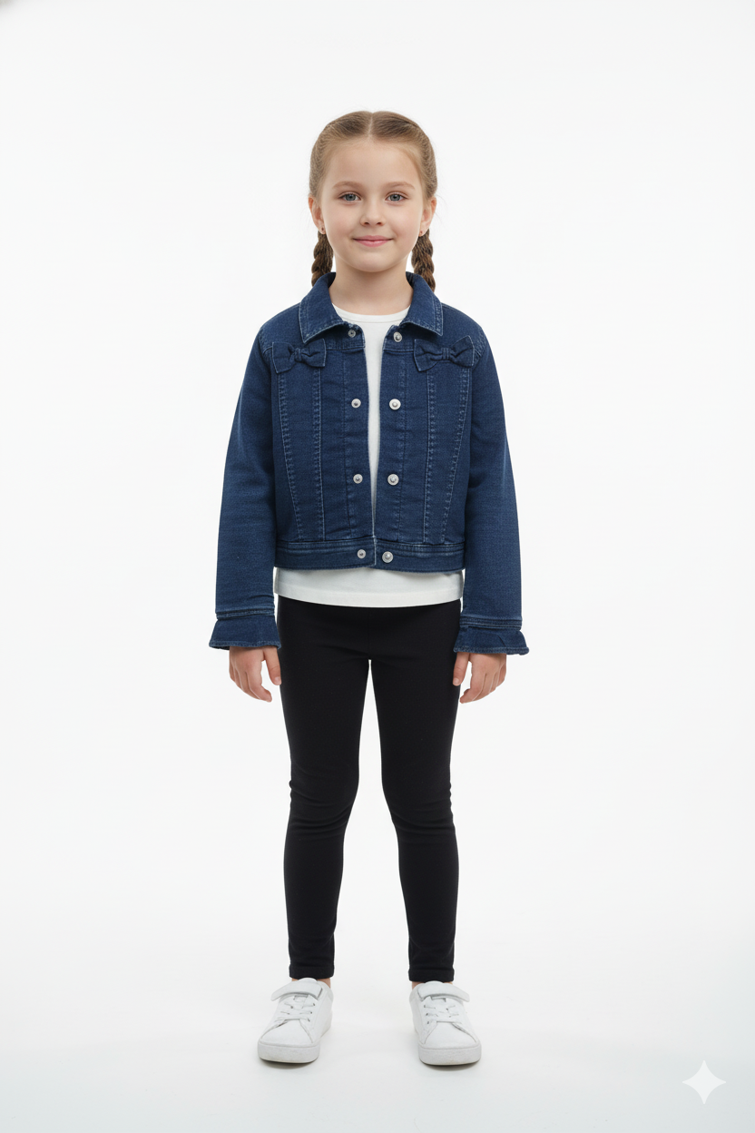 GIRLS MANNING DERCORATIVE BOWS ON CHEST CROPPED DENIM JACKET