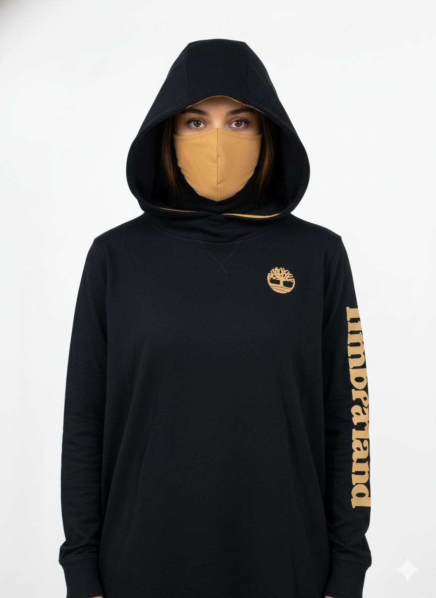 WOMENS BLACK CHEST AND SLEEVES PRINTED HOODIE WITH MASK
