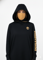 WOMENS BLACK CHEST AND SLEEVES PRINTED HOODIE WITH MASK