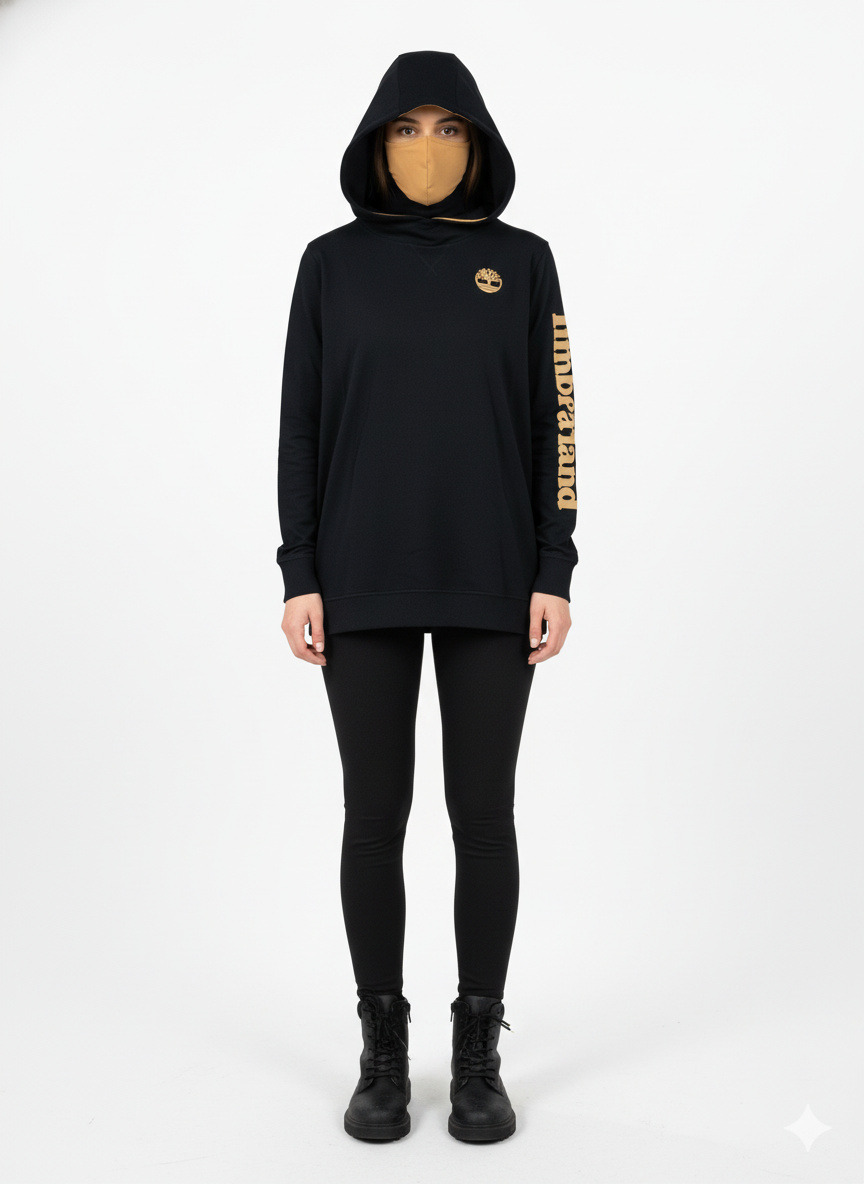WOMENS BLACK CHEST AND SLEEVES PRINTED HOODIE WITH MASK
