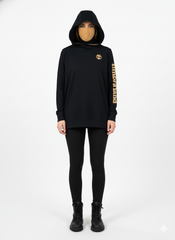 WOMENS BLACK CHEST AND SLEEVES PRINTED HOODIE WITH MASK