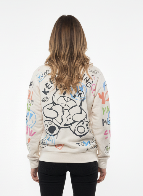 MNS WOMEN Doodle Graphic Sweatshirt Cream Multicolor Print