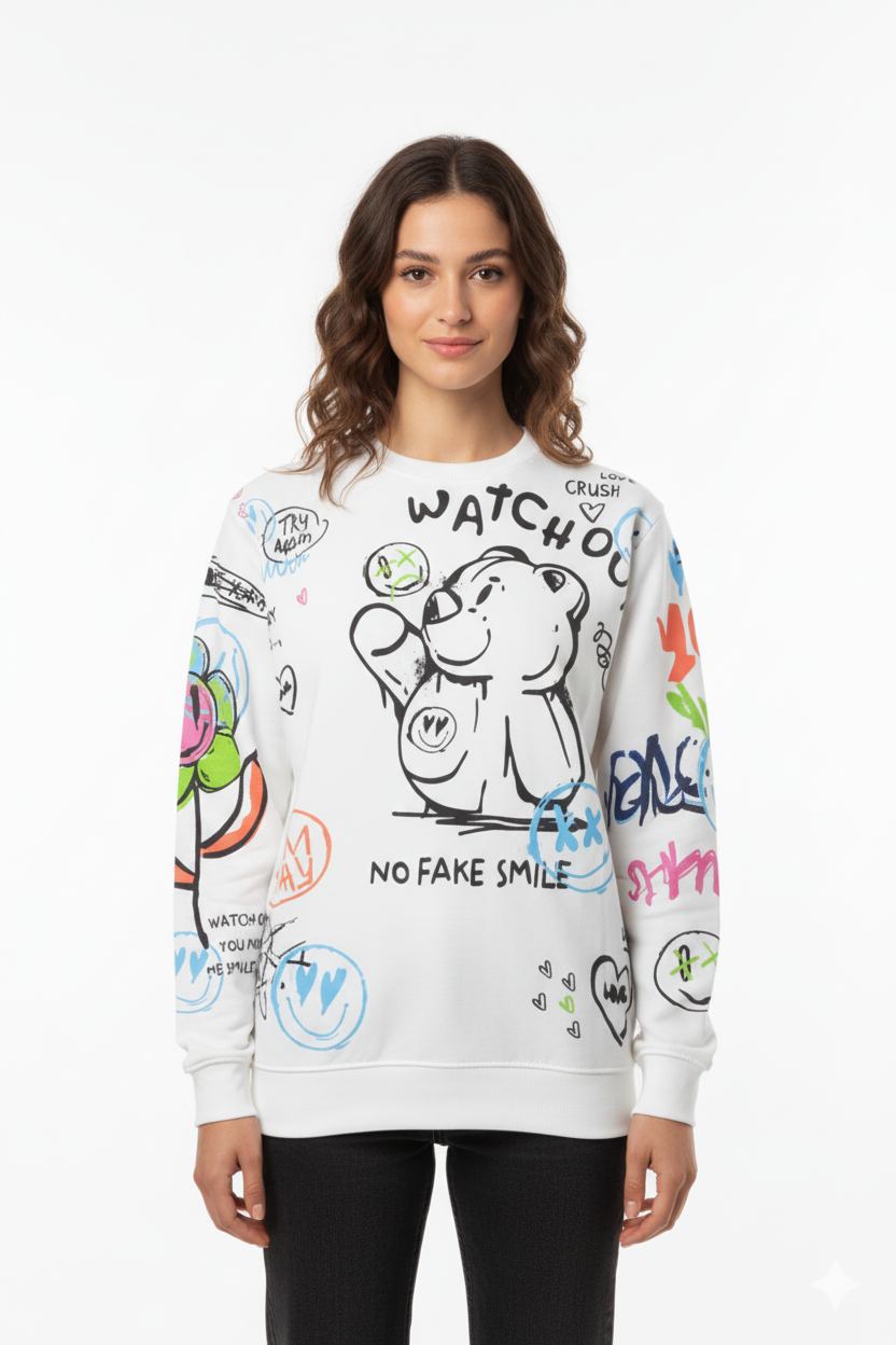 MNS WOMEN Doodle Graphic Sweatshirt White Multicolor Print