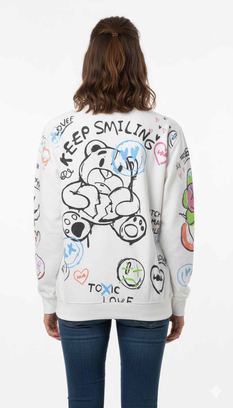 MNS WOMEN Doodle Graphic Sweatshirt White Multicolor Print