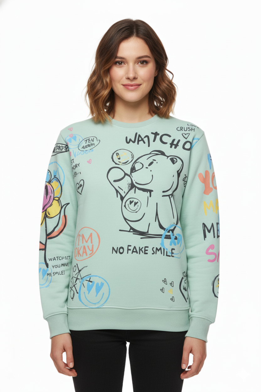 MNS WOMEN Doodle Graphic Sweatshirt Pistachio Multicolor Print