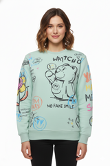 MNS WOMEN Doodle Graphic Sweatshirt Pistachio Multicolor Print