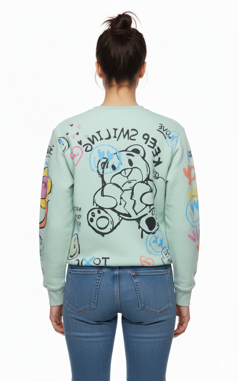 MNS WOMEN Doodle Graphic Sweatshirt Pistachio Multicolor Print