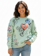 MNS WOMEN Doodle Graphic Sweatshirt Pistachio Multicolor Print