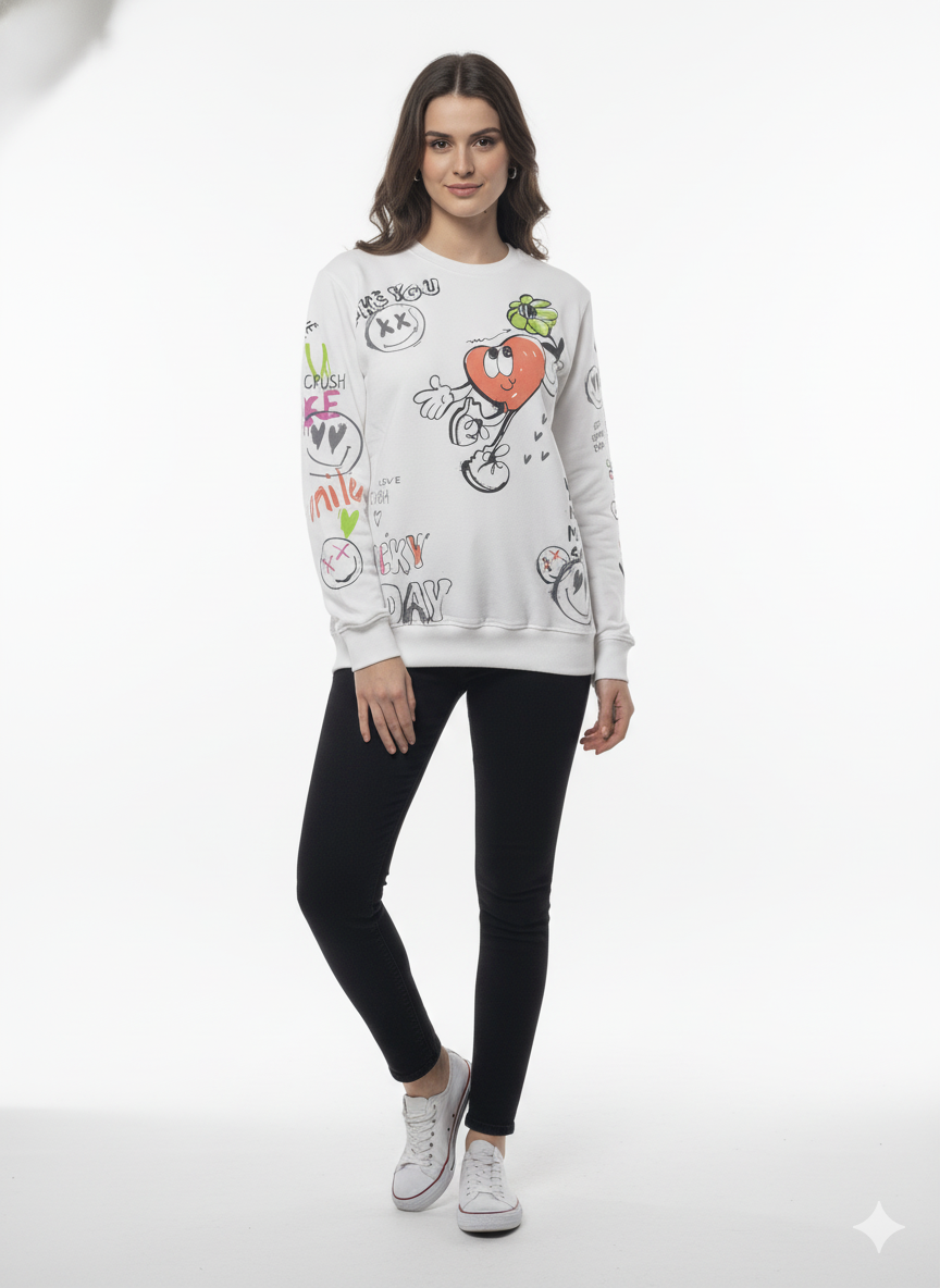 MNS WOMEN Doodle Graphic Sweatshirt White Multicolor Print