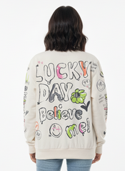 MNS WOMEN Doodle Graphic Sweatshirt Cream Multicolor Print