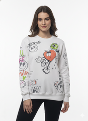 MNS WOMEN Doodle Graphic Sweatshirt White Multicolor Print