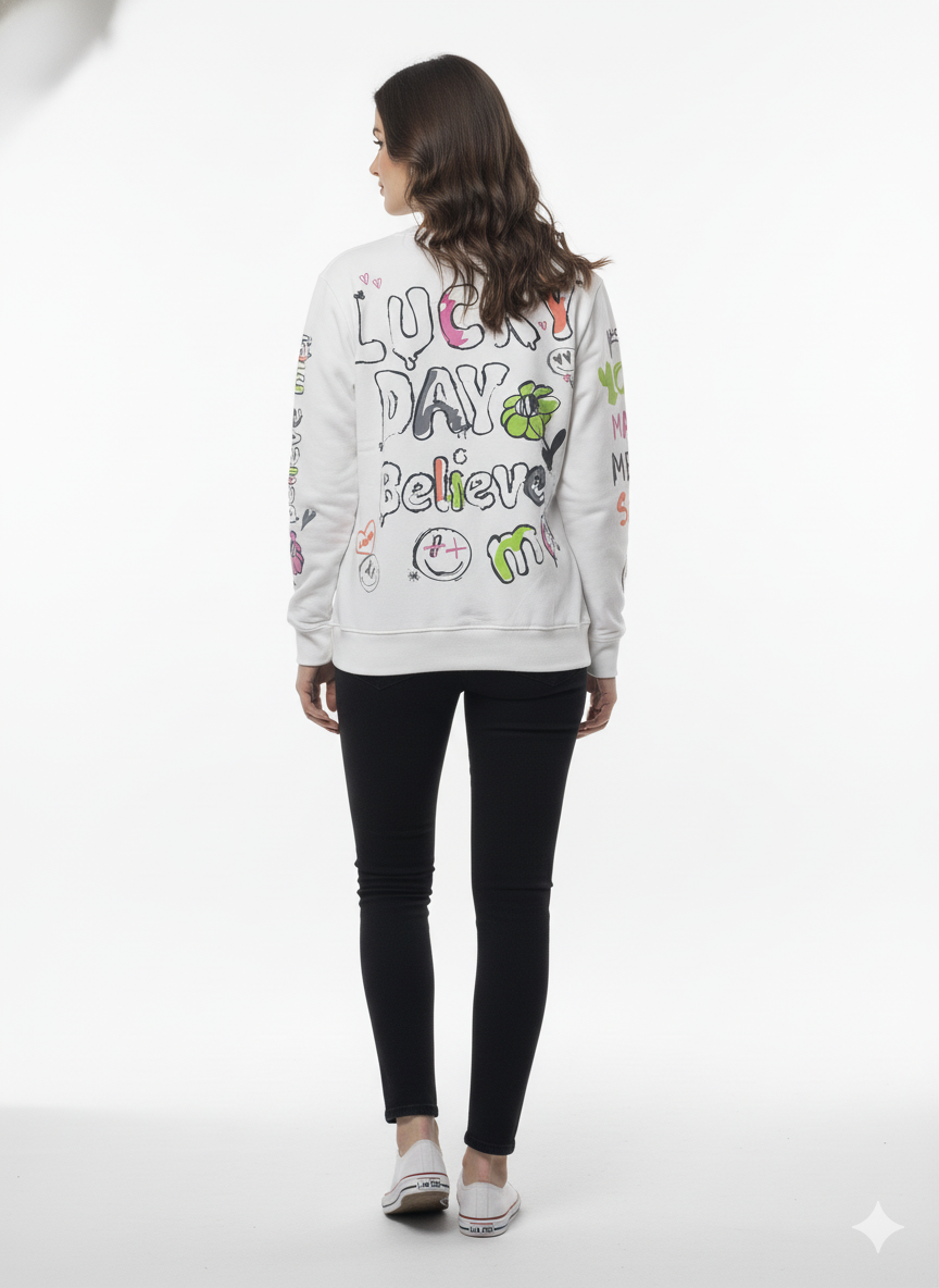 MNS WOMEN Doodle Graphic Sweatshirt White Multicolor Print
