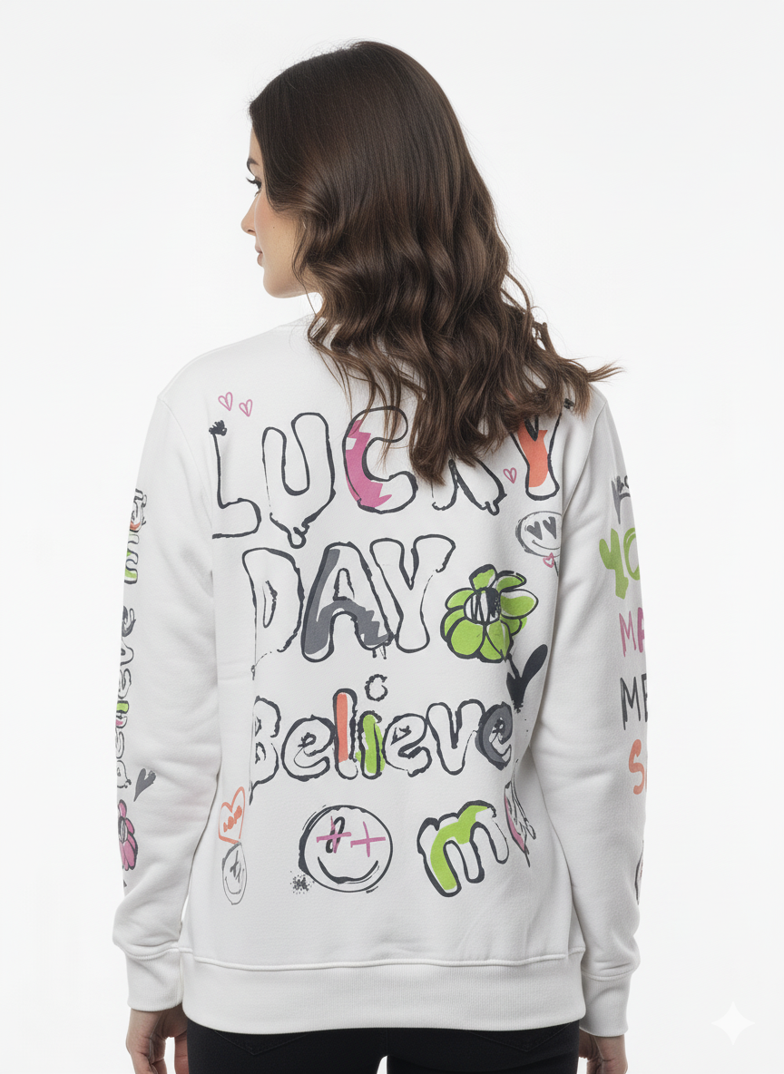 MNS WOMEN Doodle Graphic Sweatshirt White Multicolor Print
