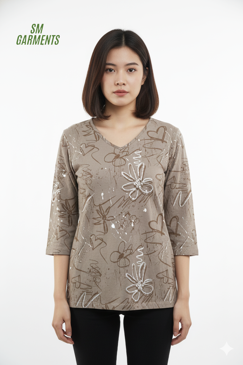 WOMENS PRINTED FULL SLEEVE V NECK T SHIRT