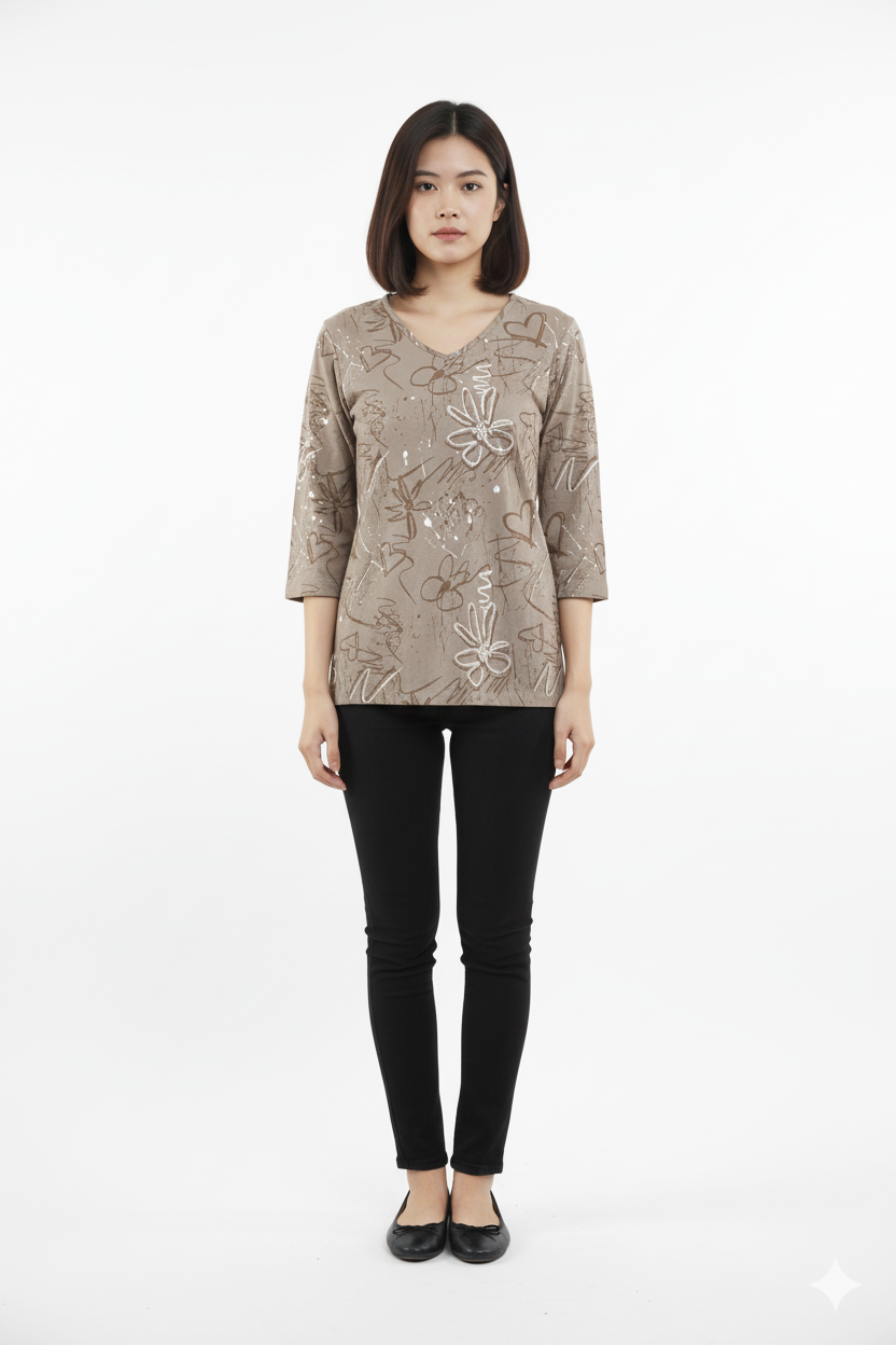 WOMENS PRINTED FULL SLEEVE V NECK T SHIRT