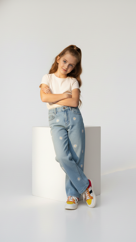 GIRLS HIGH WAISTED EMBROIDED WIDE LEG JEANS