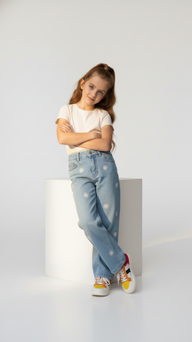 GIRLS HIGH WAISTED EMBROIDED WIDE LEG JEANS