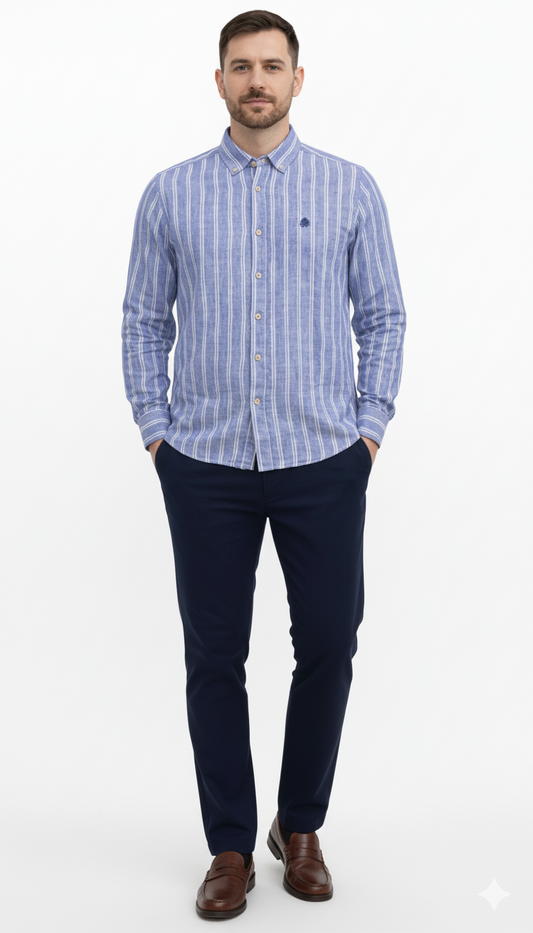 SPF MENS CUSTOM FIT LINEN STRIPED SHIRT