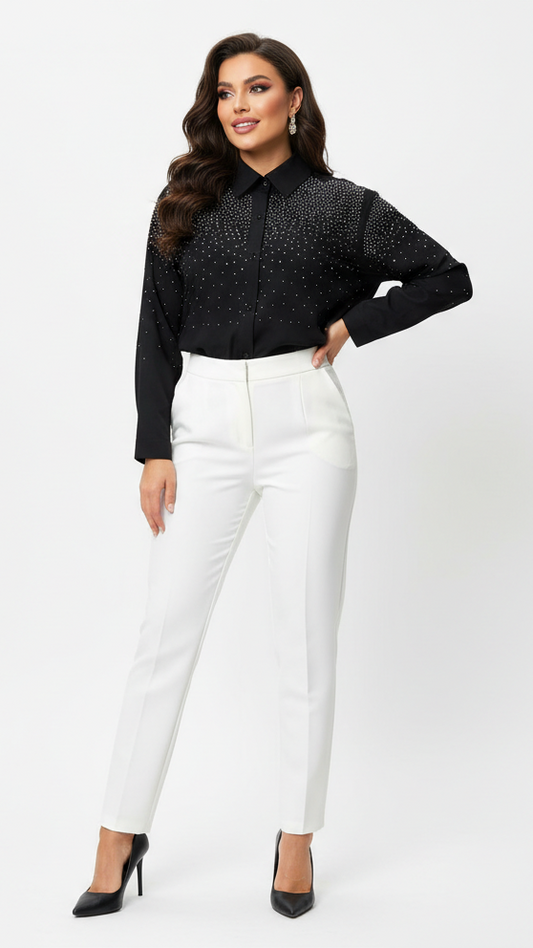 Womens Black Embellished Long Sleeve Button Up Shirt