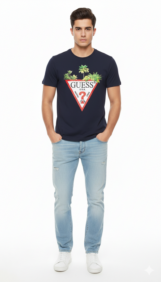 GUESS PALM TREE TRIANGLE LOGO T SHIRT