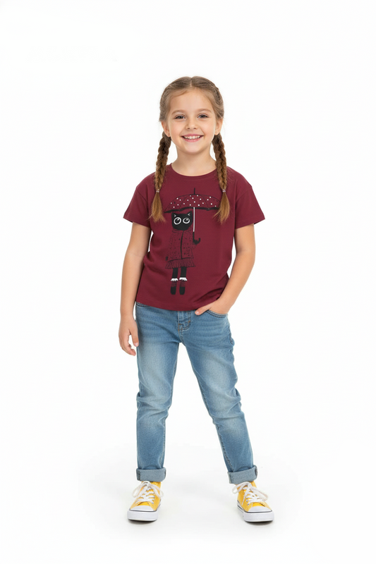 Girls Maroon Cat Umbrella T-Shirt