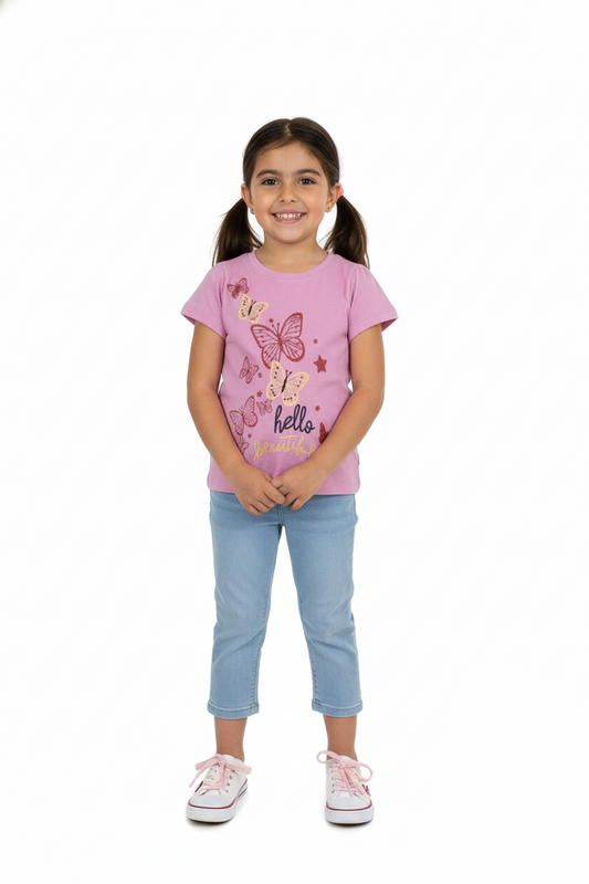 DU PAREIL Girls' “Hello Beautiful” Butterfly T-Shirt – Pink