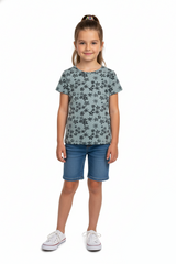 LUPILU GIRLS Floral Print Crew Neck T-Shirt – Soft Teal