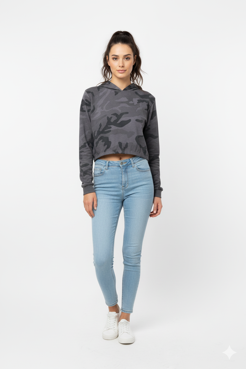 WOMENS CROPPED DARK CAMO PRINTED HOODIE