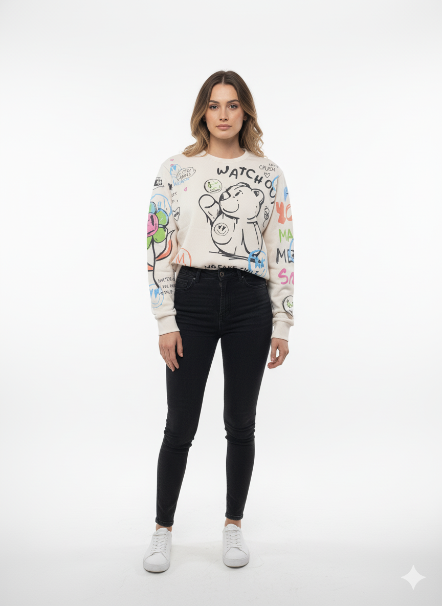 MNS WOMEN Doodle Graphic Sweatshirt Cream Multicolor Print