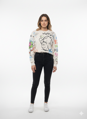 MNS WOMEN Doodle Graphic Sweatshirt Cream Multicolor Print