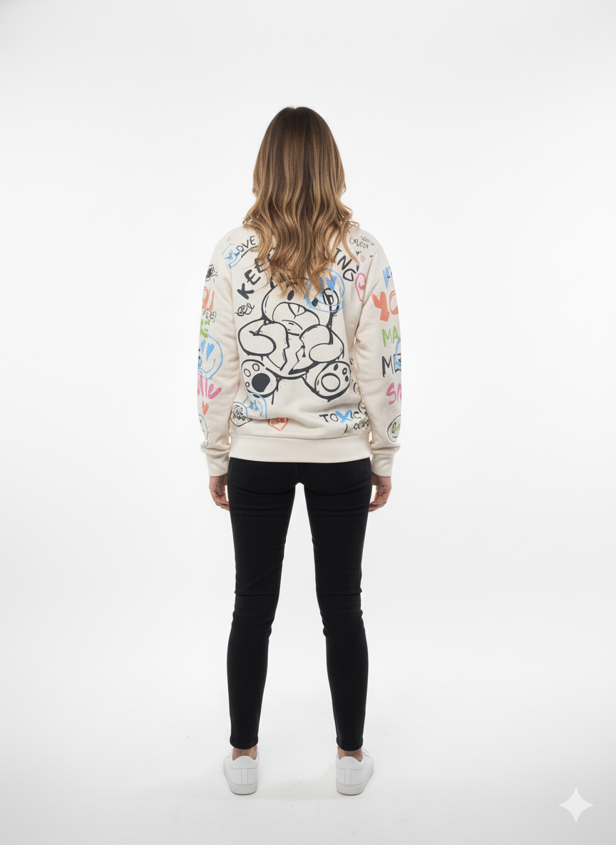 MNS WOMEN Doodle Graphic Sweatshirt Cream Multicolor Print