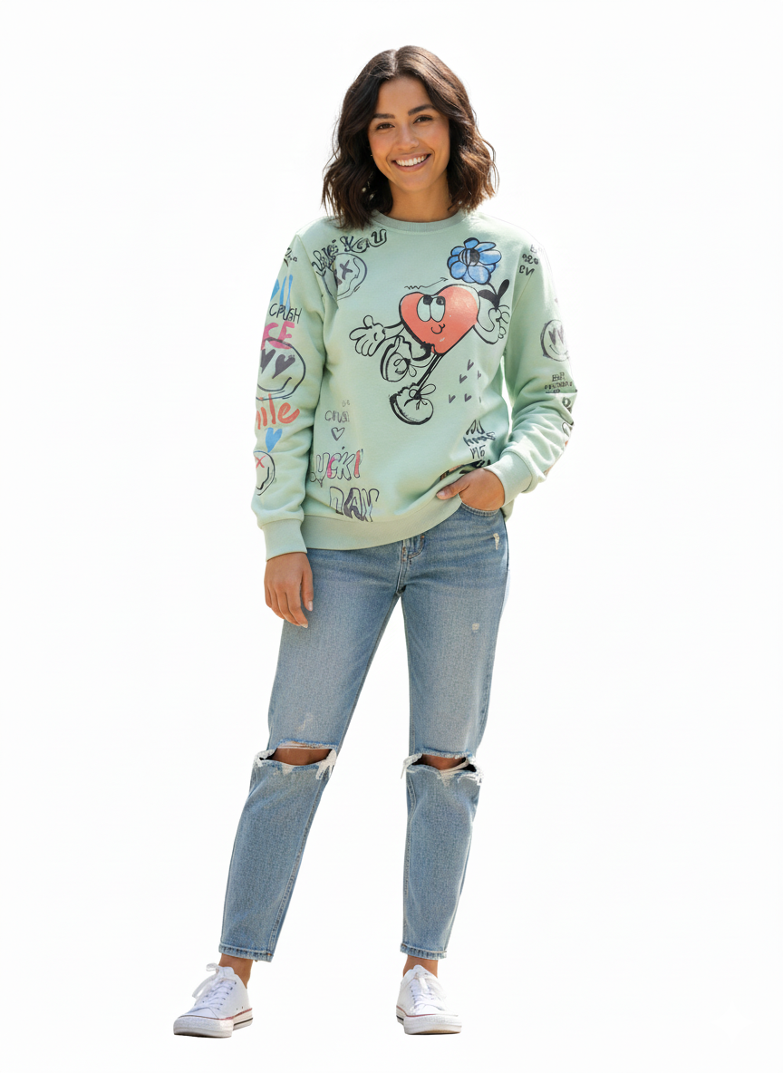 MNS WOMEN Doodle Graphic Sweatshirt Pistachio Multicolor Print