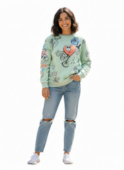 MNS WOMEN Doodle Graphic Sweatshirt Pistachio Multicolor Print